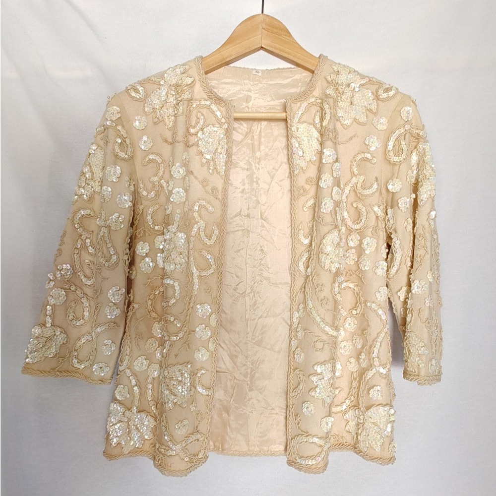 Vintage Sequin‎ Beaded Evening Jacket 38 Cream  Lace Floral Bridal Shrug Blazer